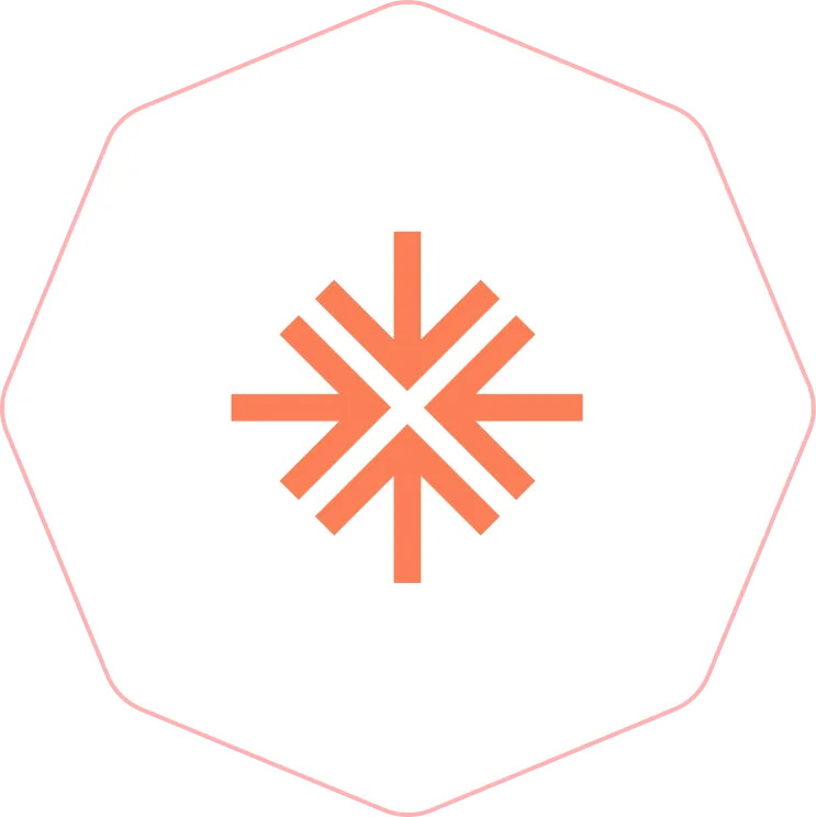 Orange geometric shape with arrows pointing inward inside a white octagonal border with a thin red outline.