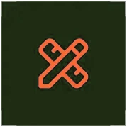 Orange pencil and ruler crossed over each other on a dark blue background icon.