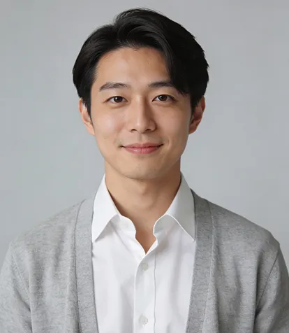 Smiling young man with black hair wearing a white shirt and gray cardigan against a plain background.