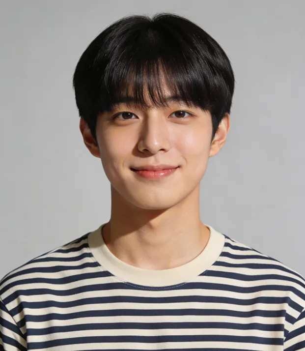 Young man with black hair wearing a striped shirt smiling against a plain gray background.