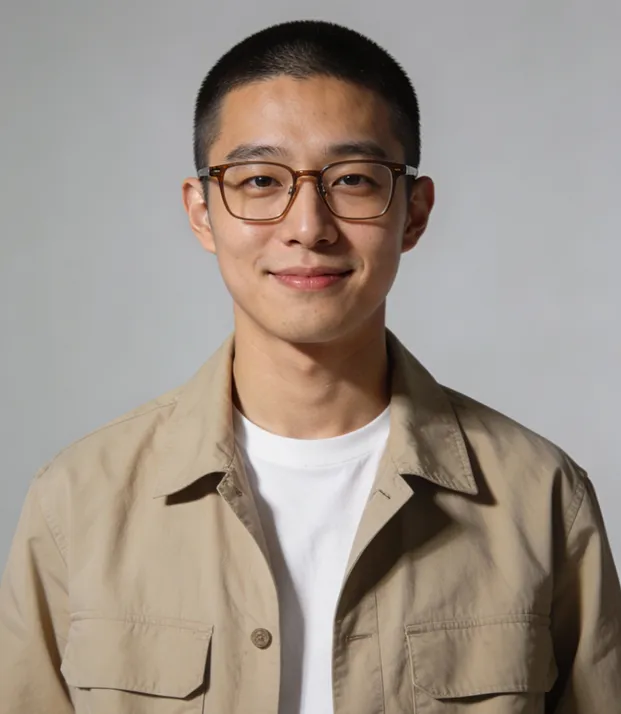 Smiling young man with short hair and glasses wearing a beige jacket and white shirt against a gray background.