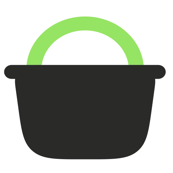 Simple black basket with a thick green handle arching over the top.